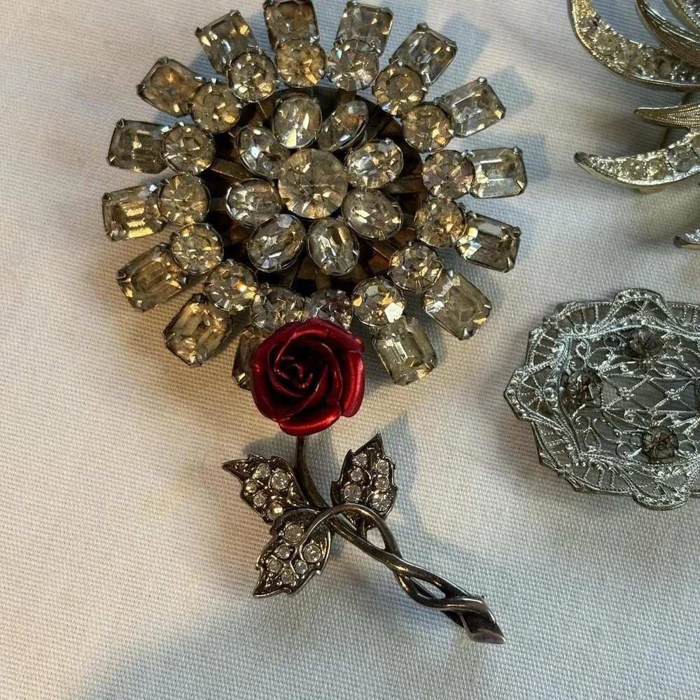 Lot of 6 Vintage Brooches and Earrings Silver Pearls Rhinestones Floral Grape